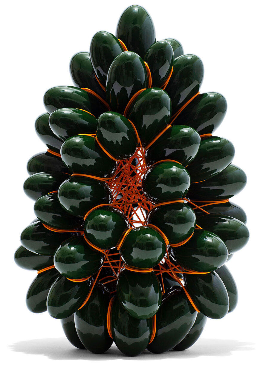 Ellipse 17/2022. Green glazed Earthenware with orange PVC. H 52 x W 34 x D 33 cm.