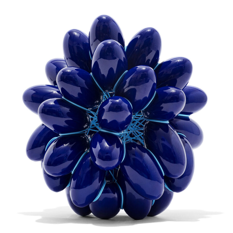 Ellipse 15/2023. Blue glazed Earthenware with light blue PVC. H 52 x W 48 x D 45 cm.